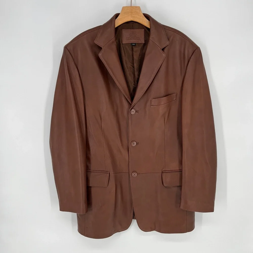 Stafford Brown Genuine Leather Blazer Jacket Mens‎ M Y2K Minimalist Sport Coat